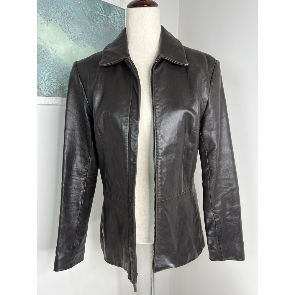 Jones New York Womens Small Brown Genuine Leather Jacket Fitted Zip Front Y2K
